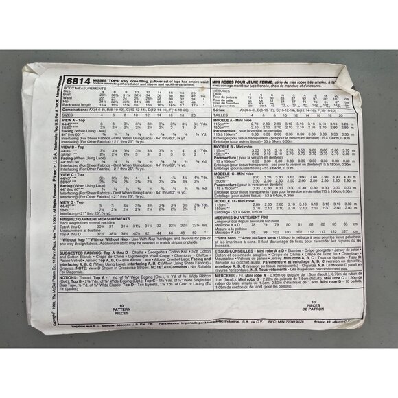 90s Easy McCalls 6814 Sewing Pattern Babydoll Tops Size 10-12-14 Fashion UNCUT - Picture 3 of 6